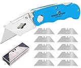 Shark-Tuff® Heavy Duty Folding Utility Knife with 10 Spare SK5 Blades | All Metal Sharp Craft Tradesman Camping Pocket Knife Cardboard Box Cutter with Belt Clip & Safety Lock UK Legal