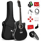 Vangoa 12 Strings Guitar Electric Acoustic Cutaway 41 inches Twelve-Strings Beginner Guitar Set, Black