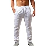 Sprifloral Men's Linen Casual Pants Drawstring Lightweight Summer Beach Trouser White L