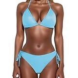 Sexy Bikini Sets for Women Triangle String Halter Women's Bikinis Tie Side Brazilian Swimming Costume Women 2 Piece Halterneck Bra Top Padded Swimsuit Underwired Swimwear Beach Blue