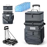 Odoland Cooler Box on Wheels, Leakproof Insulated Soft Rolling Cooler Bag with Stable All Terrain Cart and Handle Collapsible for Camping Beach Fishing Picnic (45L/72Cans Hrey)