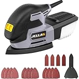 JELLAS Detail Mouse Sander, 220W Compact Sander Machine for Wood, 13,000 RPM Sanders with Dust Collection, 12PCS Standard Sandpapers, 4 Finger Attachment and Sanding Pad Included, JD2442