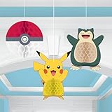 Amscan 9917119 - Pokémon Kids Birthday Party Pokeball Pikachu Hanging Honeycomb Decorations - 3 Pack