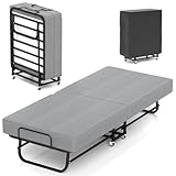 RVONOW Folding Bed with Mattress, Portable Fold Up 79x190cm Bed for Adults, Space Saving Foldable Single Guest Beds on Wheels, 6cm Thick Memory Foam Mattress and Metal Frame