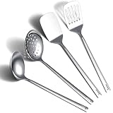 ReaNea Stainless Steel Kitchen Utensils Set, 4-Piece – Slotted Turner, Solid Turner, Skimmer & Ladle – Rust-Resistant, Long Handle, Hanging Loop, Dishwasher Safe – Everyday Cooking & Serving