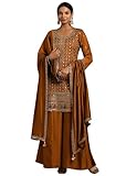 TRENDMALLS Women's Art Silk Sequins Embroidery Kurta Palazzo Set with Dupatta for Women (G305-Mustard-S)