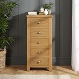 The Furniture Market Cotswold Rustic Smoked Oak 5 Drawer Tallboy Chest, Narrow Wellington Storage Unit, Chunky Solid Oak Frame, Traditional Style, Pewter Metal Handles - H 1020mm x W 500mm x D 400mm