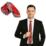 FNA Fashions Mens Classic Slim Skinny Satin Ties Adult Wedding Fancy Party Solid Plain Necktie (Red Tartan, One Size)