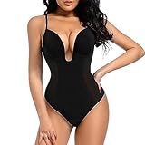 Decorus Women's Low Back Shapewear Tummy Control Deep V Neck Backless Body Shaper Plunge Thong Bridal Bodysuit Built in Bra, Black, Small