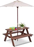COSTWAY Kids Picnic Table, Garden Wooden Bench with Removable Umbrella, Outdoor Children Furniture Parasol Set
