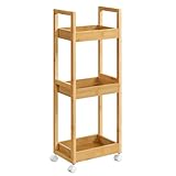 SONGMICS Bathroom Trolley, Slim Bathroom Shelf, 3-Tier Storage Trolley on Wheels, Bamboo, Space-Saving, 20 x 30 x 80 cm, Natural Beige BCB083N01