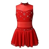 Yeahdor Kids Girls Rhinestone Mock Neck Tulle Splice Ice Figure Roller Skating Dress Baton Twirling Gymnastic Leotard Red 5-6 Years