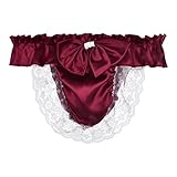 Satini Men's Satin Ruffle Bow Thong Sissy Knickers Briefs Jockstrap Panties (Wine Red, M)