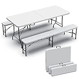 VOUNOT Folding Table Bench Set Trestle Portable Party Picnic BBQ Camping Set With Metal Frame Indoor Outdoor Garden, White