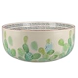 MIKASA Drift Large Ceramic Salad Serving Bowl, Hand Decorated Cactus Design, Natural, Blue and Green, 24cm