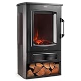 VonHaus Panoramic Stove Heater with Log Storage – 3-Sided Electric Fireplace with LED Flame Effect – 2000W – Freestanding and Portable w/Overheat Protection – 2 Heat Settings