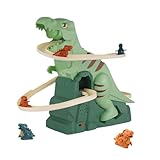 runpeak Kids Slide Rollercoaster Dinosaur Toy - Electric Stair Slide with Dual Race Tracks, Toddler Slide Rollercoaster with Flashing Lights, Vertical Stunt Ramp and Interactive Dinosaur Sound Effect