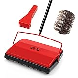 JEHONN Carpet Floor Sweeper Manual with Horsehair, Non Electric Quite Rug Roller Brush Push for Cleaning Pet Hair, Loose Debris, Lint (Red)