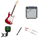Fender Squier Debut Stratocaster Electric Guitar Kit for Beginners, includes Amplifier, Cable, Strap, and Tuner, Dakota Red