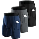 Niksa 3 Packs Mens Compression Shorts Running Base Layer Shorts Men's Workout Shorts with Cell Phone Pockets Tight Dry and Breathable Sports Shorts for Cycling Yoga Boxing Gym, Black Grey Navy Blue,M