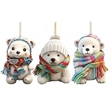 Christmas Polar Bear Ornament, 3-Pack Polar Bear Pendant with Scarf, 2D Acrylic Polar Bear Hangings for Christmas Tree, Christmas Tree Cute Furry Bear Hanging Decor, Animal Pendant Christmas