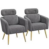 Yaheetech Armchair Comfy Accent Chair with Adjustable Headrest & Lumbar Pillow Boucle Tub Chair for Living Room Bedroom Lounge, 2 PCS, Dark Grey