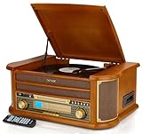 Denver 8-in-1 CD Bluetooth Cassette Player Retro Wooden Record Player HiFi System – 3 Speed Vinyl Turntable & Cassette With CD Player, FM/AM Radio, MP3 USB Recording, AUX IN And Line Out – MCR-50BT