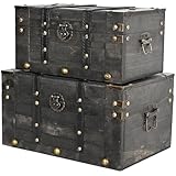 Wooden Vintage Luggage Trunks Set of 2, Decorative Antique Suitcase Storage Boxes with Hinged Lids, Old Fashioned Treasure Chest Organizer for Home, Tabletop & Rustic Decor, Black