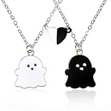 2Pcs Ghost Pendant Best Friend Necklace, Enamel Mutual Attraction Heart Magnet Matching Necklaces Bff Necklace Choker for 2 Girls Halloween Jewelry Party Birthday Gift for Girls (White, Black)