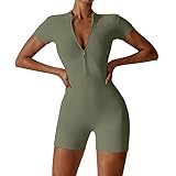 Litthing Women Shorts Jumpsuits Sports Romper Short Sleeve Unitard Stretchy Bodycon Playsuit Zip Up Workout Outfit Slim Fit One Piece Smooth Touch Bodysuit Fitness Sportswear Daily Wear
