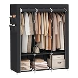 SONGMICS Clothes Wardrobe, Portable Closet with Cover, 130 x 45 x 167 cm, 3 Hanging Rails, Shelves, 4 Side Pockets, Large Capacity for Bedroom, Living Room, Black RYG092B02