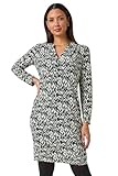 Roman Leaf Print Cocoon Stretch Dress for Women UK - Ladies Autumn Everyday Winter Holiday Notch Neckline Comfy Long Sleeve Soft Midi Length Frock Desk to Dinner Gowns - Teal Aztec - Size 14