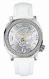 Marc Ecko E13524G2 Unisex Analogue olished silver tone case on white leather strap Sunray silver dial with rose gold tone highlighted bezel, iced