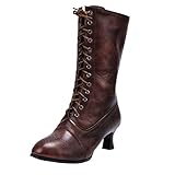 Ladies Lace Up Boots Calf Length Victorian Boots Women Leather Louis Heel Womens Vintage Boots Steampunk Gothic (6 UK, Brown)
