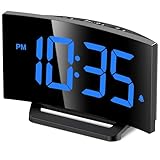 GOLOZA Digital Alarm Clock for Bedrooms with Modern Curved Design, Conspicuous Blue LED Numbers, 6 Levels Brightness, 2 Volume, 3 Alarm Tones, Snooze, Power-Off Memory, 12/24H, Bedside Clock
