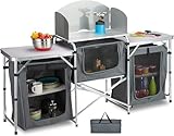 DWD Aluminum Portable Grey Fold-Up Camping Kitchen with Windscreen & 5 Enclosed Cupboards,Cook Station, BBQ, Camping, Picnic, Kitchen Mesh-Door Storage Shelves Carrying Bag 175cm W x 46cm D x 111cm H