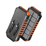 Wireless-Solar-Power-Bank-27000mAh, Virelek 22.5W Fast Charging Solar Panel Battery Pack 6 Output with 2 Built-in Cables, 1 USB C In&Out, 2 Flashlights for Smartphones Tablets Camping Outdoor