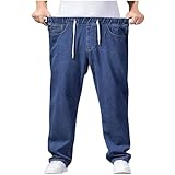 Jeans for Men UK Baggy Denim Trousers Elastic Waist Drawstring Jean Straight Wide Leg Casual Pants Stretch Multi-Pocket Bottoms Mens Daily Wear for Walking Large M-5XL