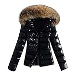 Beokeuioe Women's Winter Jacket Short Winter Coat Shiny Down Jacket Quilted Jacket Outwear Women Winter Down Coat with Faux Fur Collar Quilted Coat Transition Jacket Puffer Jacket, black, M