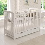 Love For Sleep JACOB Baby Cot Bed 120x60cm with Quilted Microfiber Foam Mattress – Convertible Wooden Toddler Bed with Large Drawer with Anti-Dust Cover, Guard Rail and Teething Rails (White)