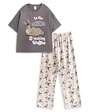 Vanilla Underground Shrek Donkey Women's Grey Short Sleeve Long Leg Pyjama Set | Multicolour PJs with 'In the Morning I'm Making Waffles' Print | Comfortable Sleepwear