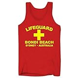 Men's Lifeguard Vest - Beach Holiday Tank - Bondi Beach Sydney Australia - Low Cut Sleeveless - Red - M