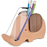 AhfuLife Premium Wooden Elephant Pen Phone Stand Stationery Gifts for Women, Christmas Decoration Gifts for Women, Desk Decoration Pencil Pen Pot Presents for Xmas Birthday Gift (Beech&Walnut)