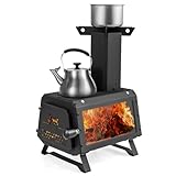 TANGZON Wood Burning Stove, Portable Camping Stove with Glass Viewing Window & Anti-scalding Handle, Carbon Steel Fired Cooker Heater for Picnic Hiking (28 x 20 x 37 cm)