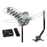 Five Star Outdoor HD TV Antenna Strongest Up to 150 Miles Long Range with Motorized 360 Degree Rotation, UHF/VHF/FM Radio Infrared Remote Control with Mounting Pole & 40FT RG6 Coax Cable Support 2 TVs