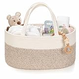 Kodomoore Nappy Caddy – Cotton Rope Baby Storage Basket for Newborn Essentials – Portable Organiser for Changing Table, Nursery or Car – Gift Basket for Baby Shower – White and Beige Brown