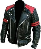 Men's Brando Classic Vintage Cafe Racer Black & Red Stripes Quilted Vintage Biker Genuine Real Sheepskin Leather Jacket (UK, Alpha, XL, Regular, Regular, Black & Red)