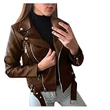 Generisch 2025 Women's Cool Faux Leather Jacket Long Sleeve Zip Tailored Coat Short Jacket Coat Felt Wool Women, brown, L