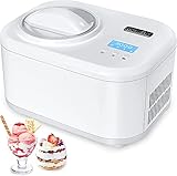 KUMIO Ice Cream Maker with Compressor, No Pre-freezing Ice Cream Machine, Gelato Sorbet Frozen Yoghurt Maker with LCD Display & Timer, Detachable Mixing Paddle & 1L Bowl & Clear Lid, 100W, White