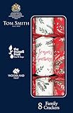 Tom Smith Christmas Crackers Pack 8 - Family Crackers 12" Red & White 'Season's Greetings' - Luxury Xmas Crackers Gifts Hats Mottos & Snaps - Plastic Free Recyclable Eco Friendly
